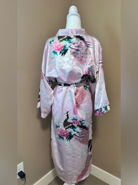As is Pink Satin Peacock Kimono Robe Long Dressing Gown Floral Sleepwear